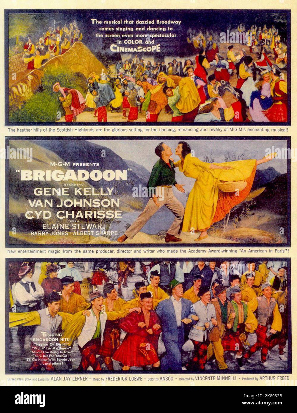 Filmposter Film Brigadoon (1951) Regie: Vincente Minnelli 08. September 1954 **WARNUNG** dieses Foto ist nur für redaktionelle Zwecke bestimmt und unterliegt dem Urheberrecht von METRO und/oder dem Fotografen, der von der Film- oder Produktionsgesellschaft beauftragt wurde, und kann nur durch Veröffentlichungen in Verbindung mit der Werbung für den oben genannten Film reproduziert werden. Eine obligatorische Gutschrift an METRO ist erforderlich. Der Fotograf sollte ebenfalls angerechnet werden, wenn er bekannt ist. Ohne schriftliche Genehmigung der Film Company kann keine kommerzielle Nutzung gewährt werden. Stockfoto