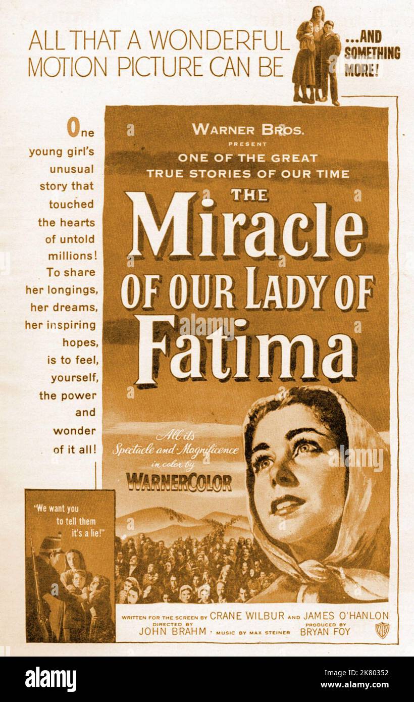 Film Poster Film: Das Wunder Unserer Lieben Frau Von Fatima (1952) Regie: John Brahm 20. August 1952 **WARNUNG** Dieses Foto ist nur für redaktionelle Zwecke bestimmt und unterliegt dem Copyright von WARNER BROS und/oder des Fotografen, der von der Film- oder Produktionsfirma beauftragt wurde, und kann nur von Publikationen im Zusammenhang mit der Bewerbung des oben genannten Films reproduziert werden. Eine obligatorische Gutschrift an WARNER BROS ist erforderlich. Der Fotograf sollte auch bei Bekanntwerden des Fotos gutgeschrieben werden. Ohne schriftliche Genehmigung der Film Company kann keine kommerzielle Nutzung gewährt werden. Stockfoto