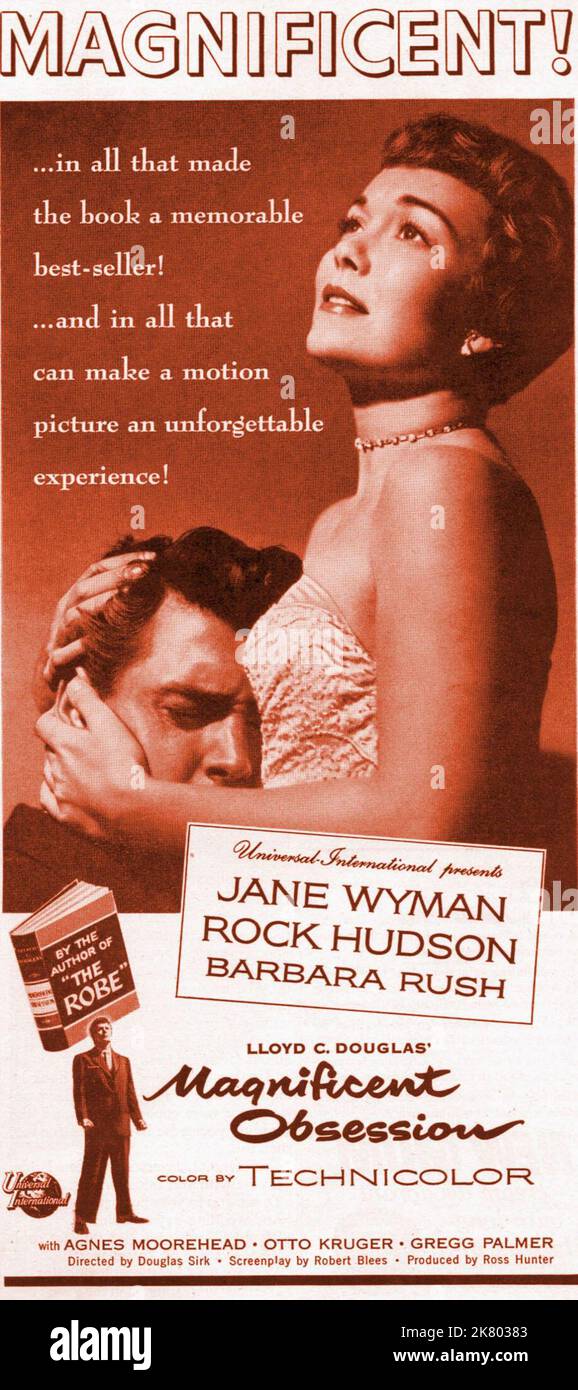 Rock Hudson & Jane Wyman Poster Film: Magnificent Obsession (1955) Charaktere: Bob Merrick & Regie: Douglas Sirk 04. August 1954 **WARNUNG** Dieses Foto ist nur für redaktionelle Zwecke bestimmt und unterliegt dem Copyright von UI und/oder des Fotografen, der von der Film- oder Produktionsfirma beauftragt wurde und darf nur von Publikationen im Zusammenhang mit der Bewerbung des oben genannten Films reproduziert werden. Eine obligatorische Gutschrift an die Benutzeroberfläche ist erforderlich. Der Fotograf sollte auch bei Bekanntwerden des Fotos gutgeschrieben werden. Ohne schriftliche Genehmigung der Film Company kann keine kommerzielle Nutzung gewährt werden. Stockfoto