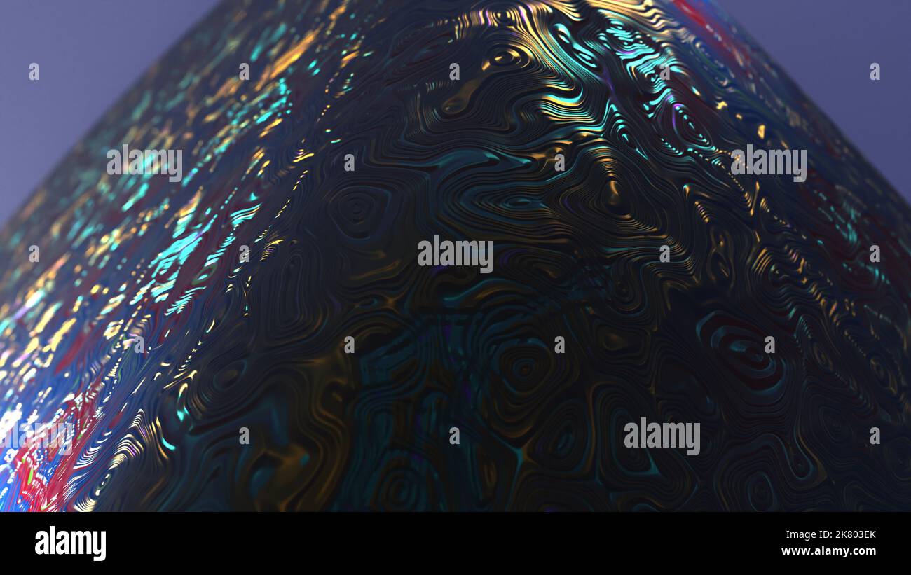 3D Rendering von abstraktem Objekt in hyperrealistischer Szene mit irisierender grungy metallischer Textur Stockfoto