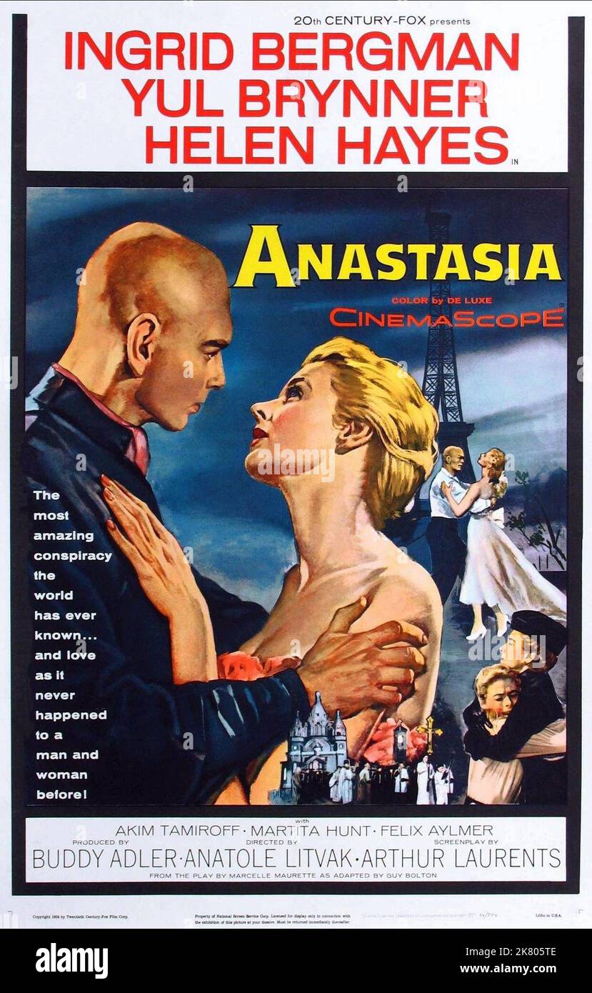 Yul Brynner & Ingrid Bergman Poster Film: Anastasia (USA 1956) Regie: Anatole Litvak 13. Dezember 1956 **WARNUNG** Dieses Foto ist nur für redaktionelle Verwendung bestimmt und unterliegt dem Copyright von 20. CENTURY FOX und/oder des Fotografen, der von der Film- oder Produktionsfirma beauftragt wurde, und kann nur durch Publikationen im Zusammenhang mit der Bewerbung des oben genannten Films reproduziert werden. Eine obligatorische Gutschrift an 20. CENTURY FOX ist erforderlich. Der Fotograf sollte auch bei Bekanntwerden des Fotos gutgeschrieben werden. Ohne schriftliche Genehmigung der Film Company kann keine kommerzielle Nutzung gewährt werden. Stockfoto