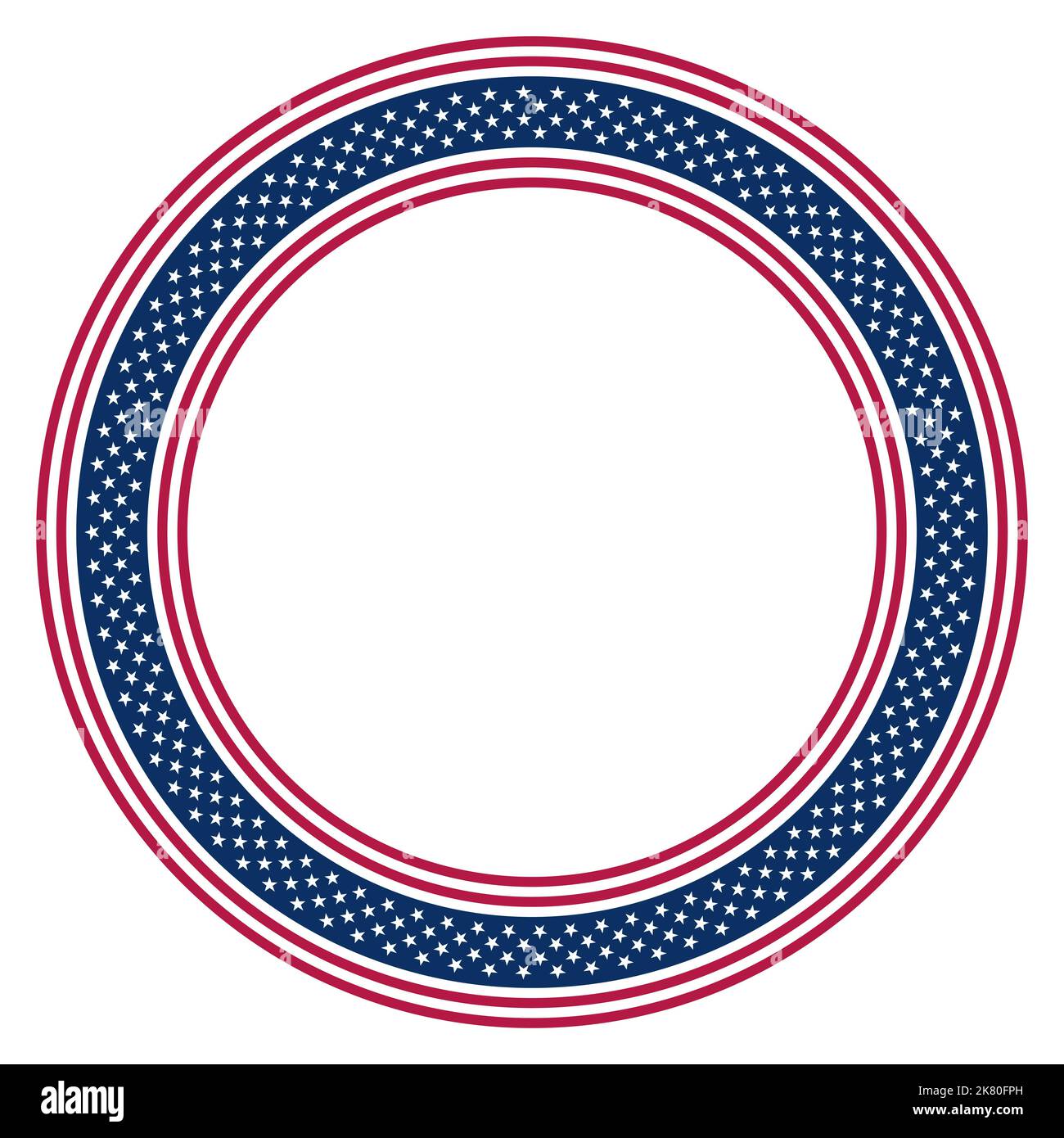 Motiv der Nationalflagge der Vereinigten Staaten, Kreisrahmen. Kreisförmige Bordüre aus Sternen- und Streifenmuster, basierend auf der amerikanischen Flagge. Stockfoto