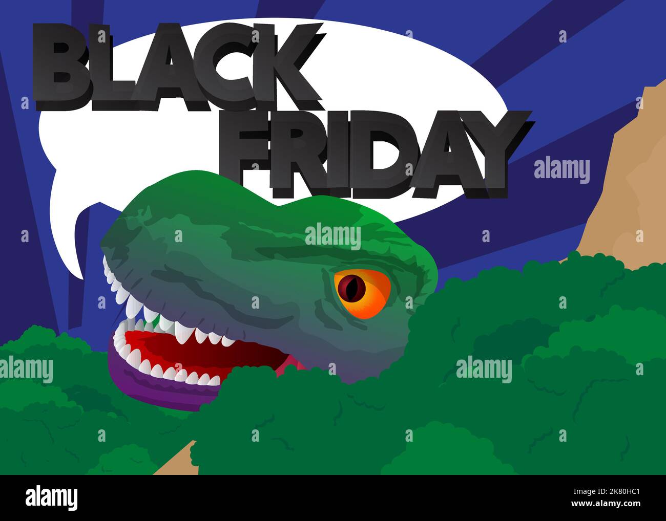 Dinosaurier mit Sprechblase, die das Wort „Schwarzer Freitag“ sagt. Tyrannosaurus Rex mit Gedanken. Stock Vektor