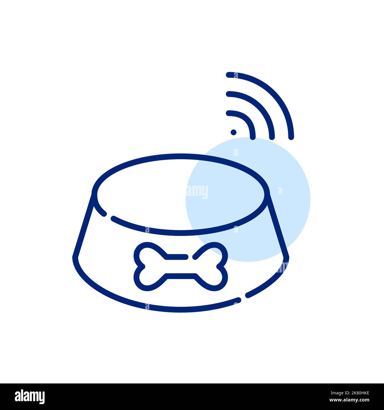 Futterschüssel sendet ein Signal an das Smart-Home-System. Pixel-perfektes, bearbeitbares Strichsymbol Stock Vektor