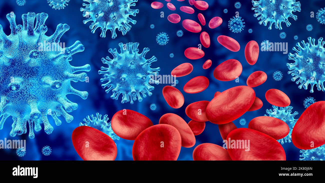 Blutvirus-Konzept Virusausbruch und Infektionshintergrund als gefährlicher Erreger Stammfall als pandemisches medizinisches Gesundheitsrisiko-Konzept mit Krankheit. Stockfoto