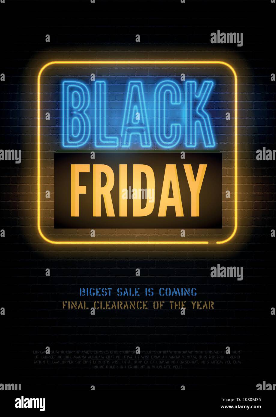 Black Friday stilvolle blaugelbe Verkaufsanzeige Neonlicht auf dunklem Hintergrund. Saisonale Sonderangebote, Luxus-Sonderangebot bieten Banner-Design mit Copyspace. Große Rabatte realistische Vektor Flyer Vorlage. Stock Vektor