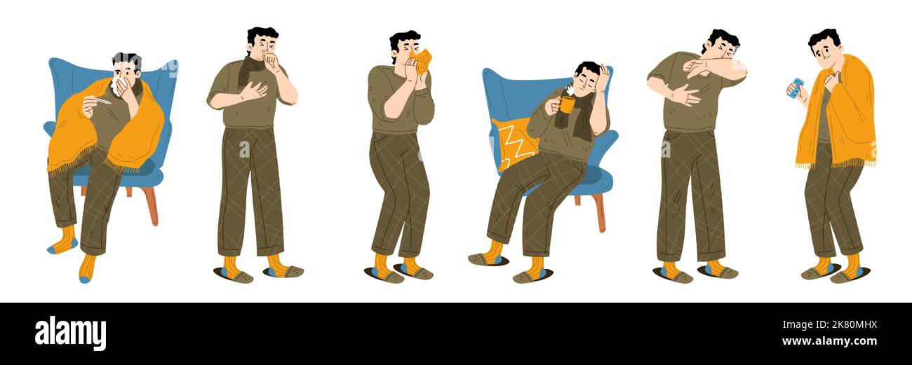 Kranker Mann, Person mit Virusinfektion und Symptomen einer Atemwegserkrankung. Kranker männlicher Charakter Husten und Niesen, Kopfschmerzen, Halsschmerzen, laufende Nase, Fieber, Cartoon lineare flache Vektor-Illustration Stock Vektor
