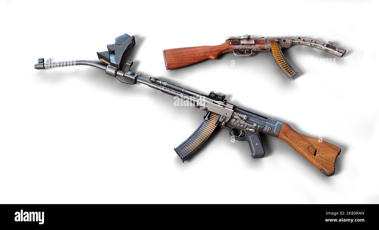 Schnittansicht des Sturmgewehrs StG44 mit Krummlauf-Befestigung und eines Maschinengewehrs PPSh-41, modifiziert mit einem gebogenen Lauf. Stockfoto