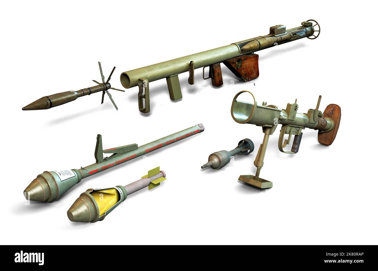 Illustration der amerikanischen Bazooka, der deutschen Panzerfaust und der britischen PIAT. Stockfoto