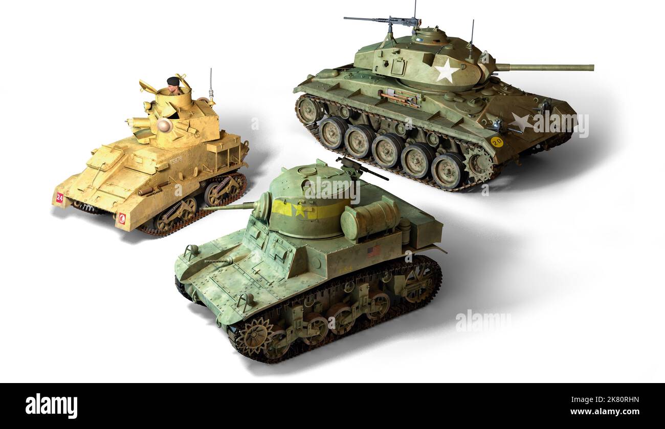 Die wichtigsten verbündeten leichten Panzer während des Zweiten Weltkriegs: Die britische Vickers Mark VI, die M3 Stuart und die M24 Chaffee. Stockfoto