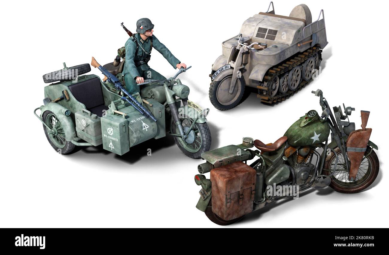 Motorräder des Zweiten Weltkriegs: Der deutsche BMW R75, das deutsche Kettenkrad und die amerikanische Harley Davidson WLA. Stockfoto