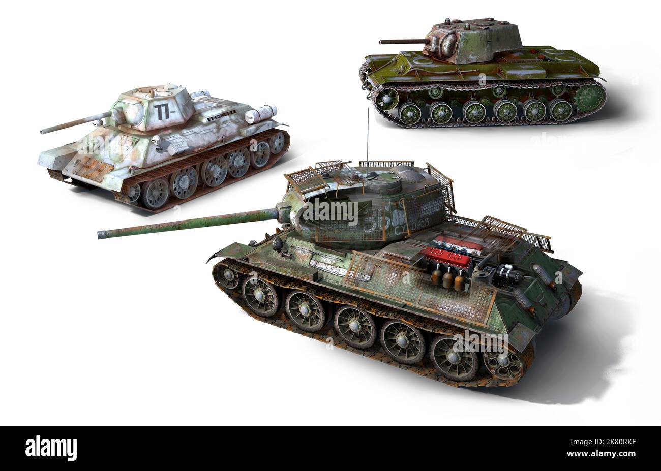 Panzer der sowjetischen Armee, die 1941 T34/76, die 1944 T34/85 und ein schwerer Panzer KV-1. Stockfoto