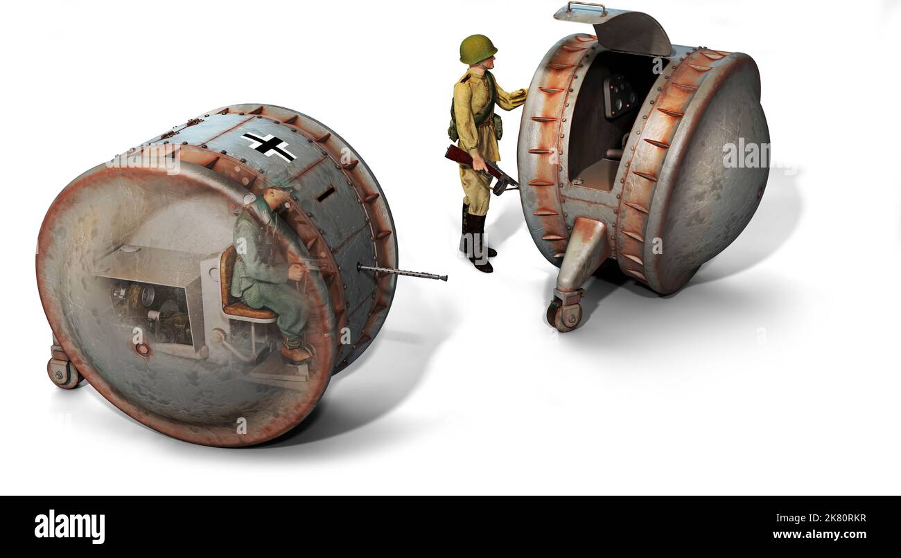 Abbildung des gepanzerten Fahrzeugs von Kugelpanzer, das den Innenraum zeigt, mit einer menschlichen Figur als Größenreferenz. Stockfoto