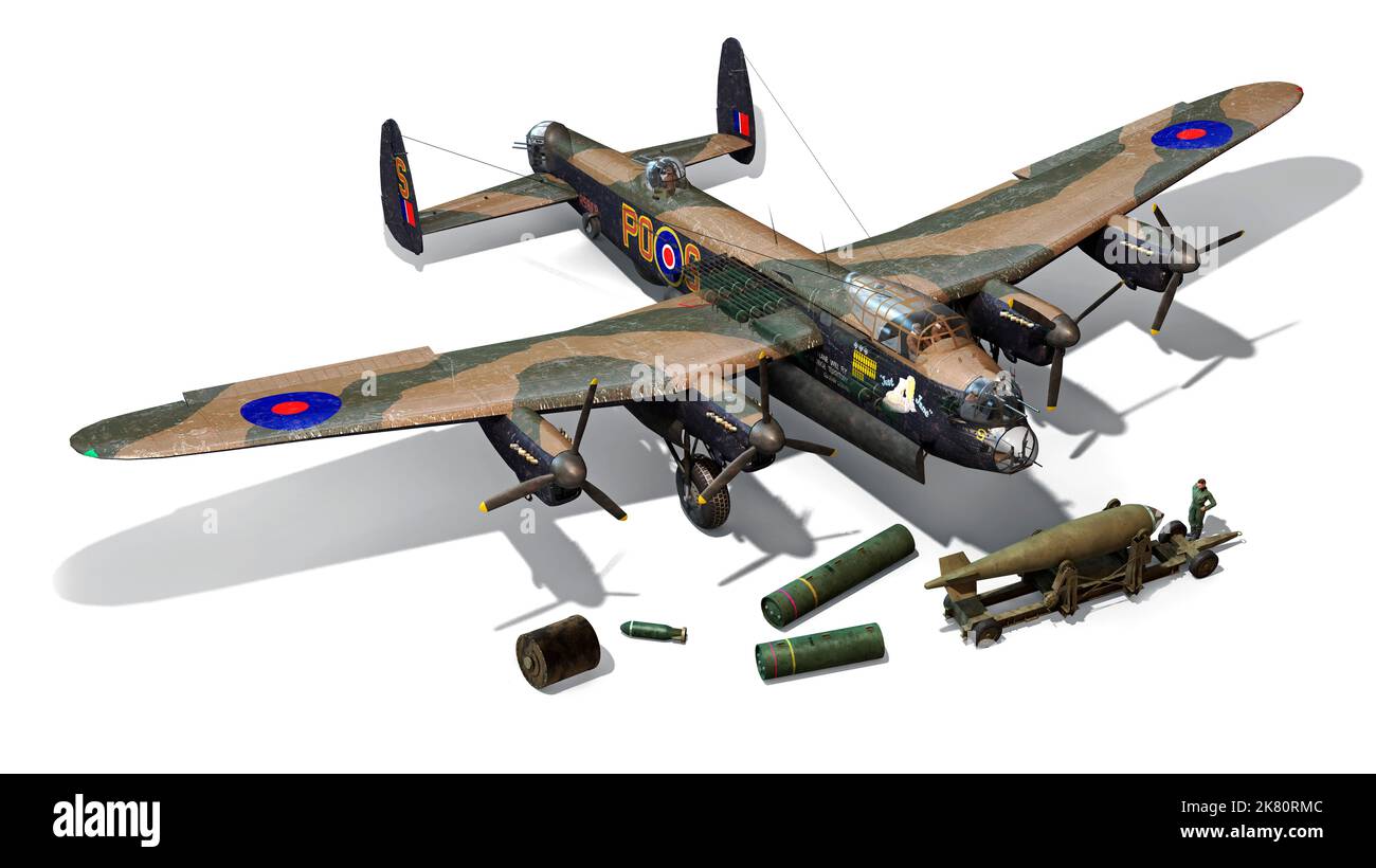 Schwerer britischer Bomber des Zweiten Weltkriegs, die Avro Lancaster, mit Innenräumen und allen Bombenarten. Stockfoto