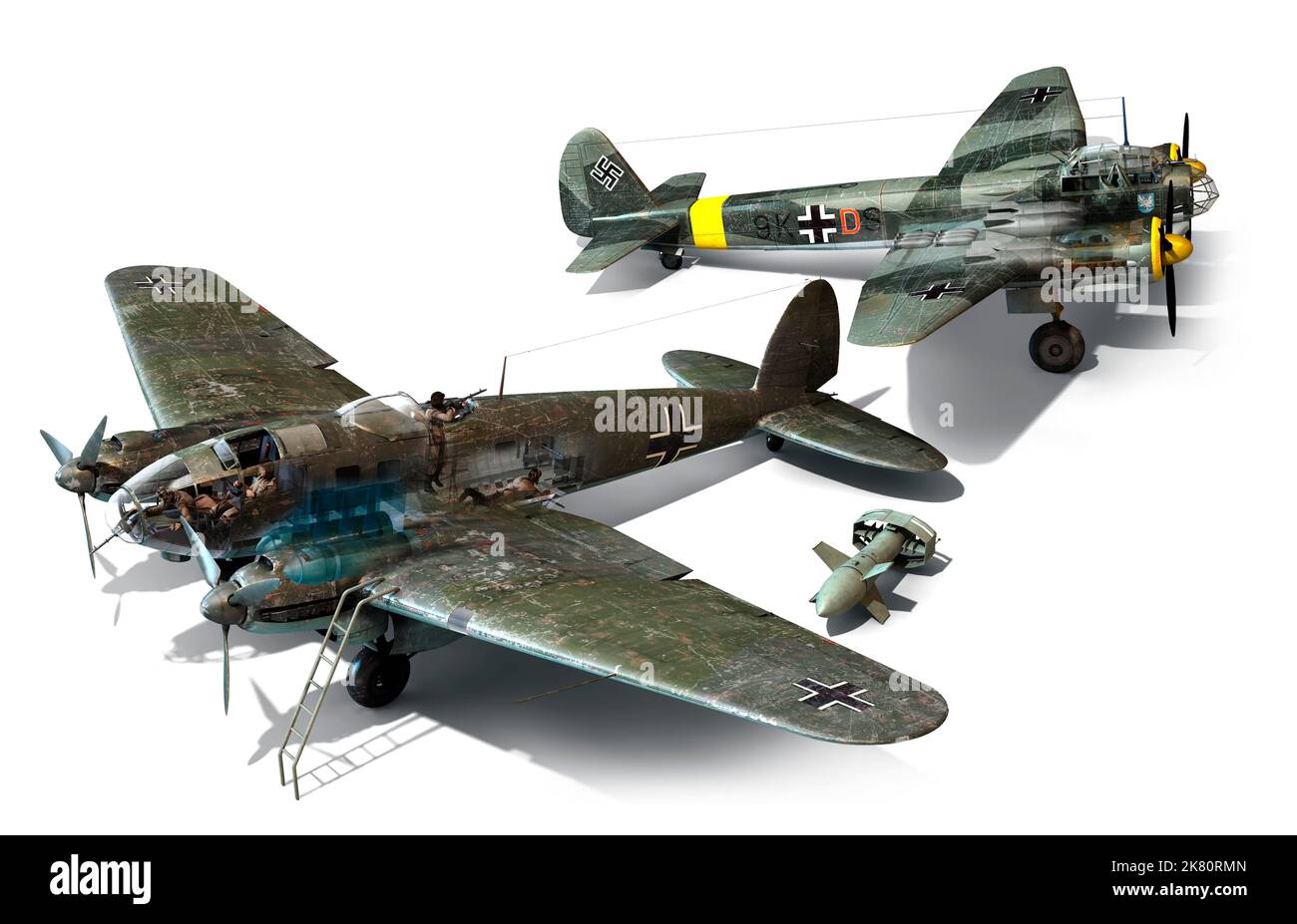 Zwei mittlere Bomber, die von Deutschland während der Schlacht von Großbritannien verwendet wurden, die He111 und die Ju88 Stockfoto