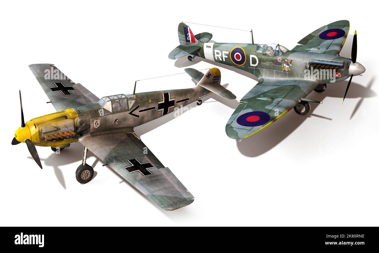 Zwei Kampfflugzeuge, die während der Schlacht von Großbritannien im Zweiten Weltkrieg eingesetzt wurden: Die deutsche Bf-109 und die britische Spitfire. Stockfoto