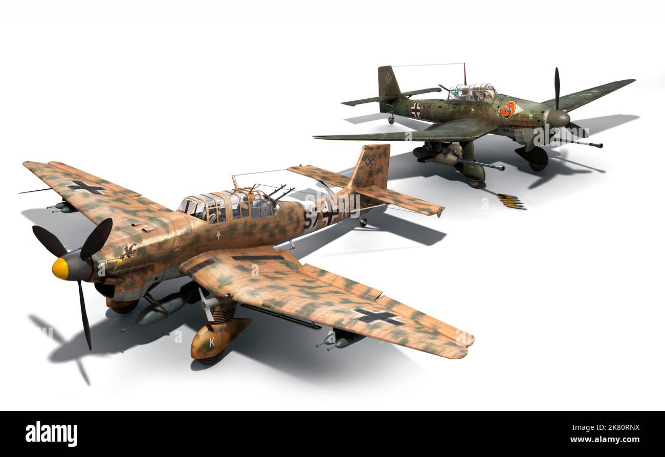Detaillierte Aufnahme von zwei Versionen des legendären Ju 87 Stuka Tauchbombers. Stockfoto