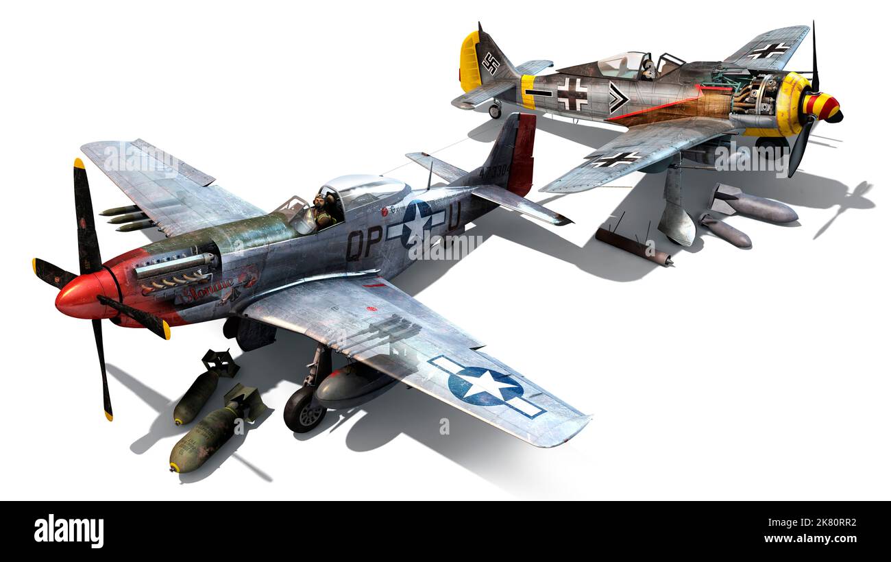 Illustration von zwei klassischen Kampfflugzeugen des Zweiten Weltkriegs, der amerikanischen P-51 Mustang und der deutschen FW-190. Stockfoto