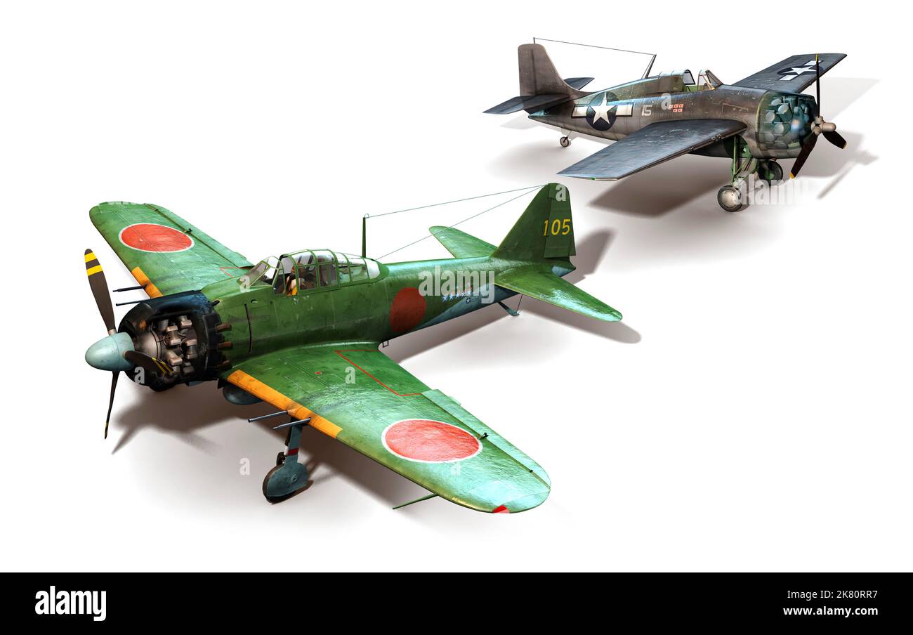 Vergleich zweier Kampfflugzeuge, der japanischen A6M Zero und der amerikanischen F4F Wildcat. Stockfoto