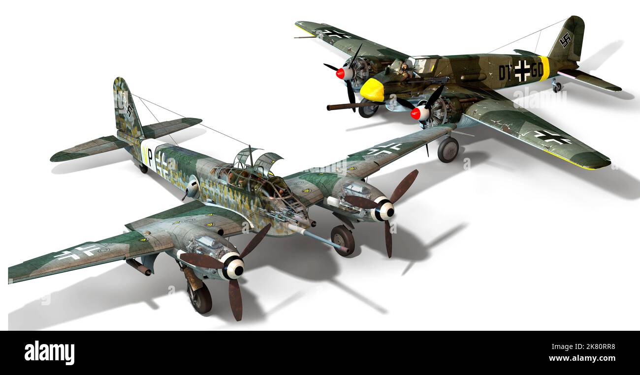 Zwei zweimotorige Flugzeuge, die während des Zweiten Weltkriegs von Deutschland eingesetzt wurden, die Me 410 Hornisse und die HS 129. Stockfoto
