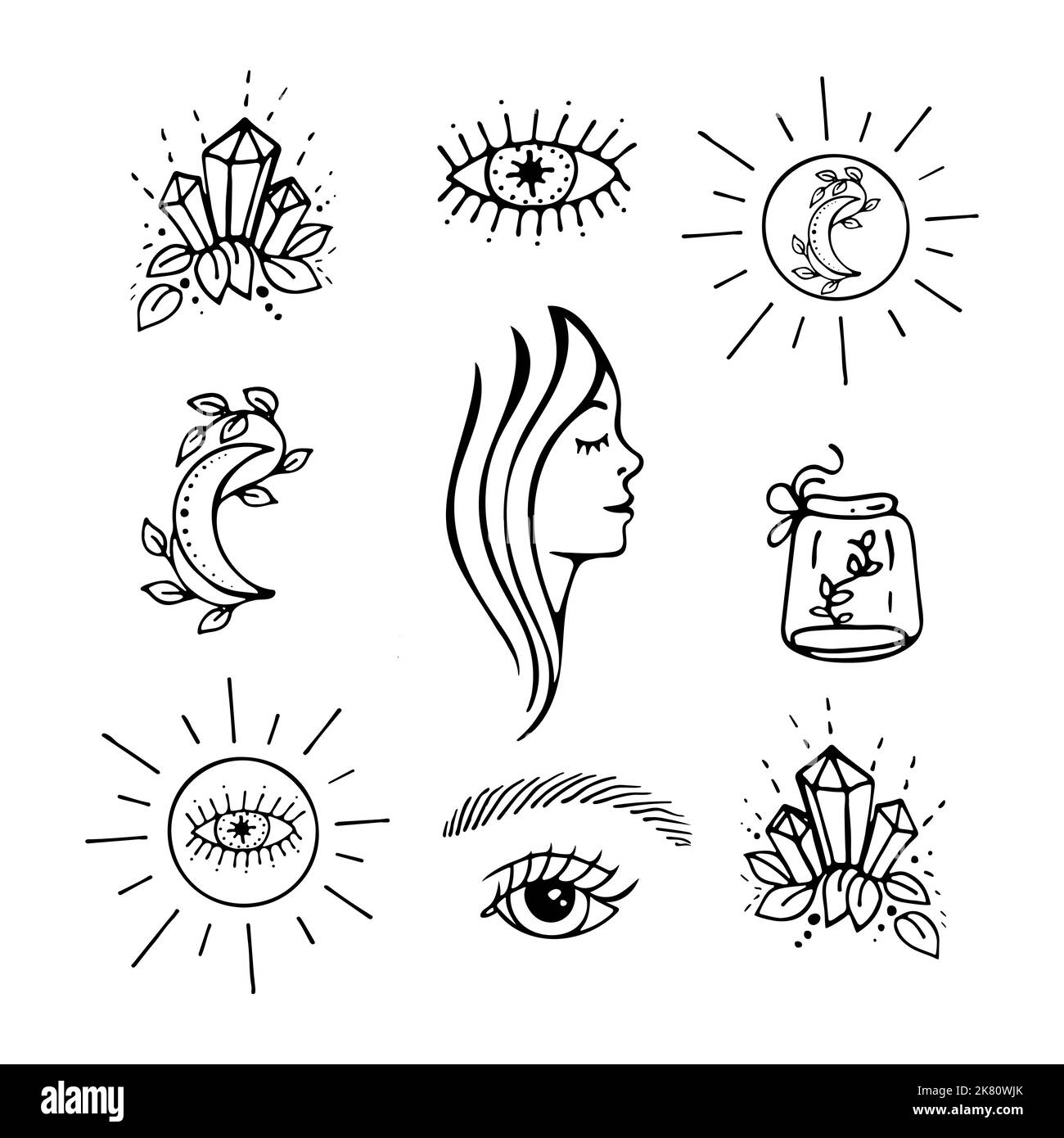 Handgezeichnetes Set mit esoterischen Symbolen. Vektor kritzelt Auge, Mond, Sonne, Frauenprofil, Kristalle Stock Vektor