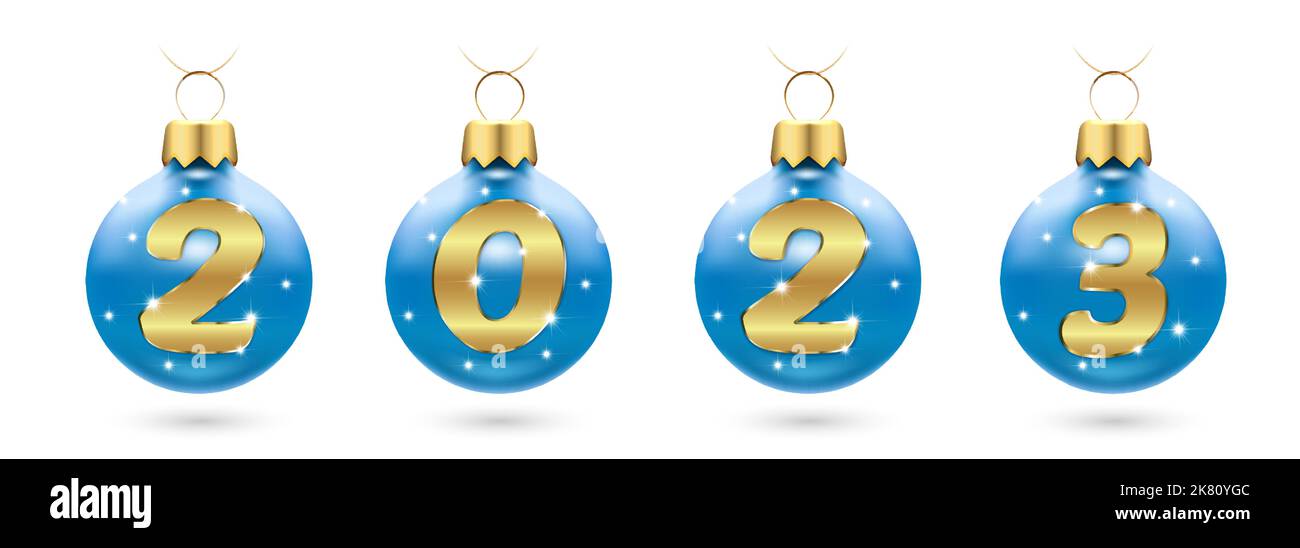 Zahlen 2023 aus goldenen Konfetti in roten Neujahrskugeln, Weihnachtsbaumschmuck. Festliches Layout für Banner, Poster, Grußkarten im New Stock Vektor