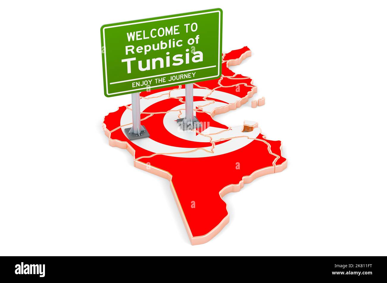 Billboard Willkommen in Tunesien auf tunesischer Karte, 3D Rendering isoliert auf weißem Hintergrund Stockfoto