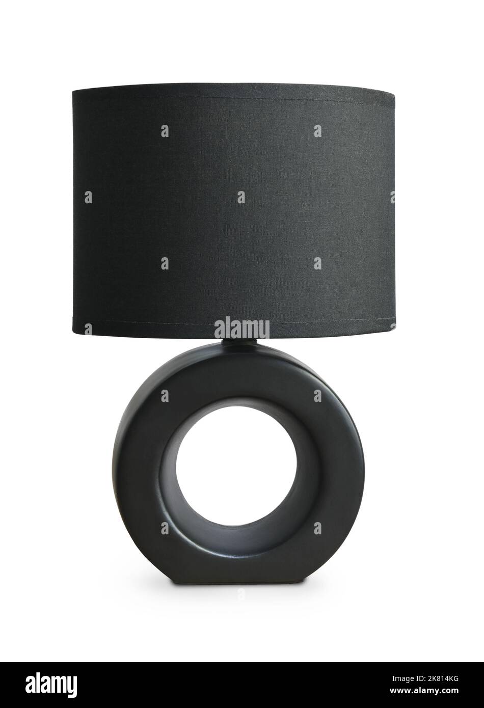 Vorderansicht der modernen schwarzen Tischleuchte mit Lampenschirm isoliert auf weiß Stockfoto