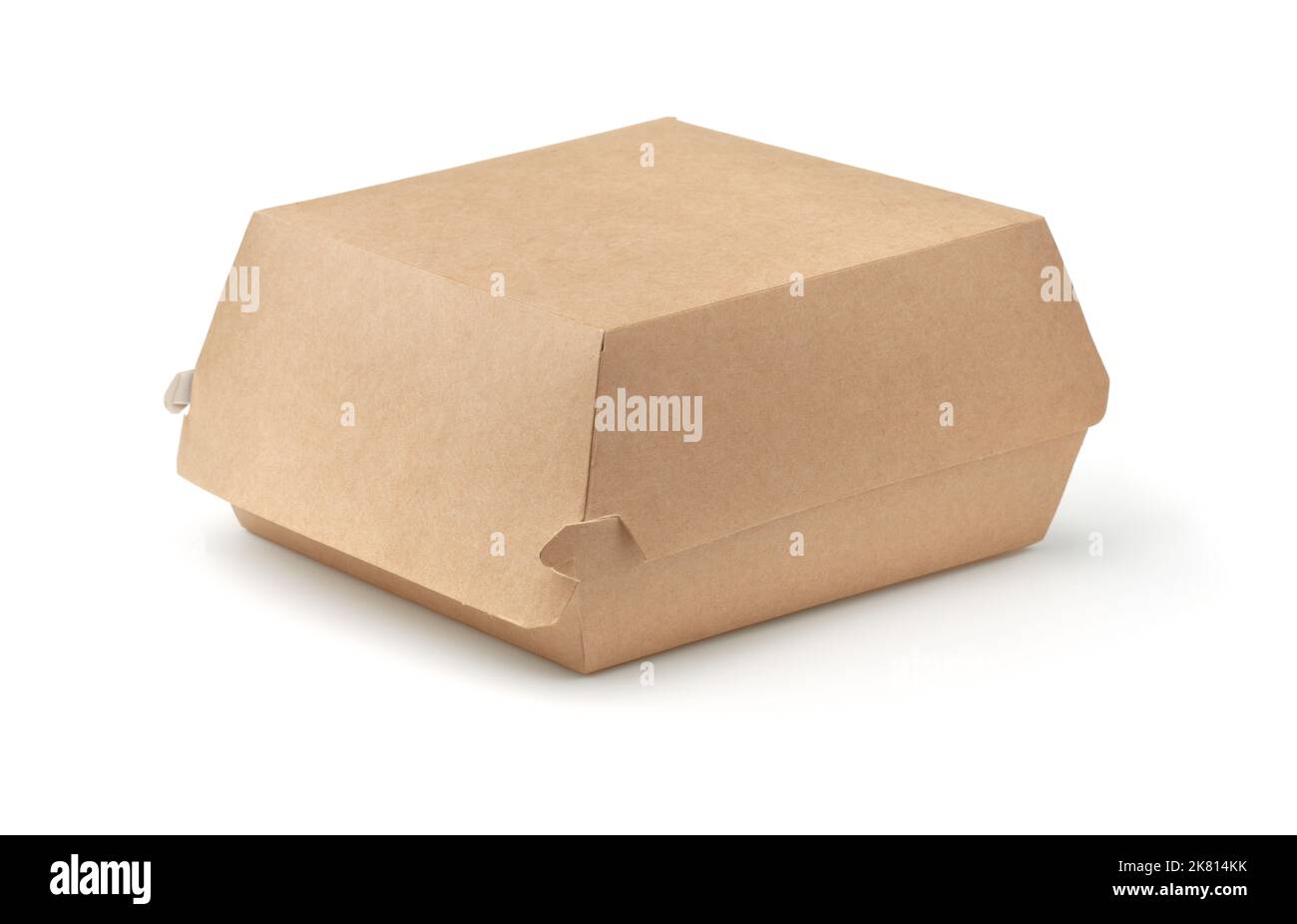 Geschlossene leere Einweg-Papier-Burger-Box isoliert auf weiß Stockfoto