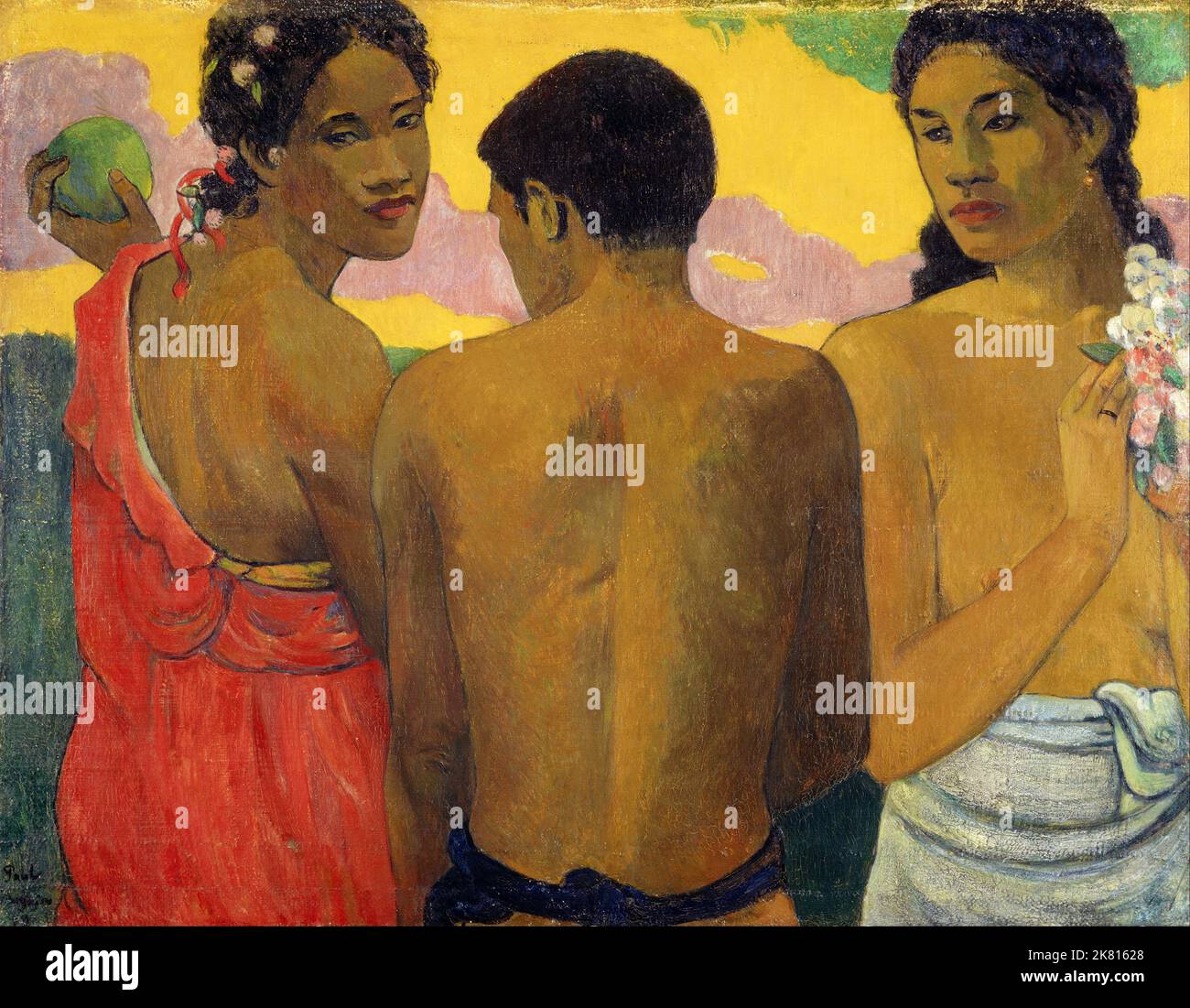 Tahiti: 'Drei Tahitianer'. Öl auf Leinwand von Paul Gauguin (7. Juni 1848 - 8. Mai 1903), 1899. Paul Gauguin wurde 1848 in Paris geboren und verbrachte einen Teil seiner Kindheit in Peru. Er arbeitete als Börsenmakler mit wenig Erfolg und litt an schweren Depressionen. Er malte auch. 1891 segelte Gauguin, frustriert durch mangelnde Anerkennung zu Hause und finanziell mittellos, in die Tropen, um der europäischen Zivilisation und "allem, was künstlich und konventionell ist" zu entkommen. Seine Zeit dort, vor allem in Tahiti und den Marquesas-Inseln, war das Thema von großem Interesse. Stockfoto