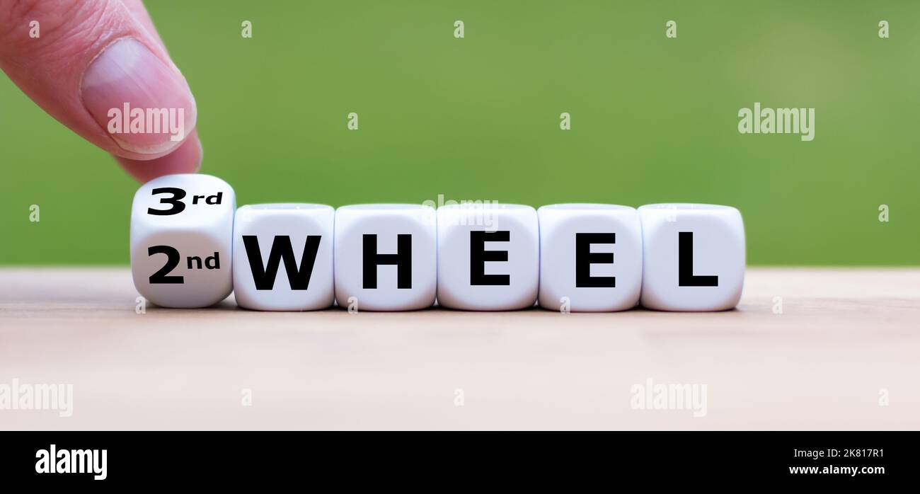 Die Hand dreht Würfel und ändert den Ausdruck „2. Rad“ in „3. Rad“. Stockfoto