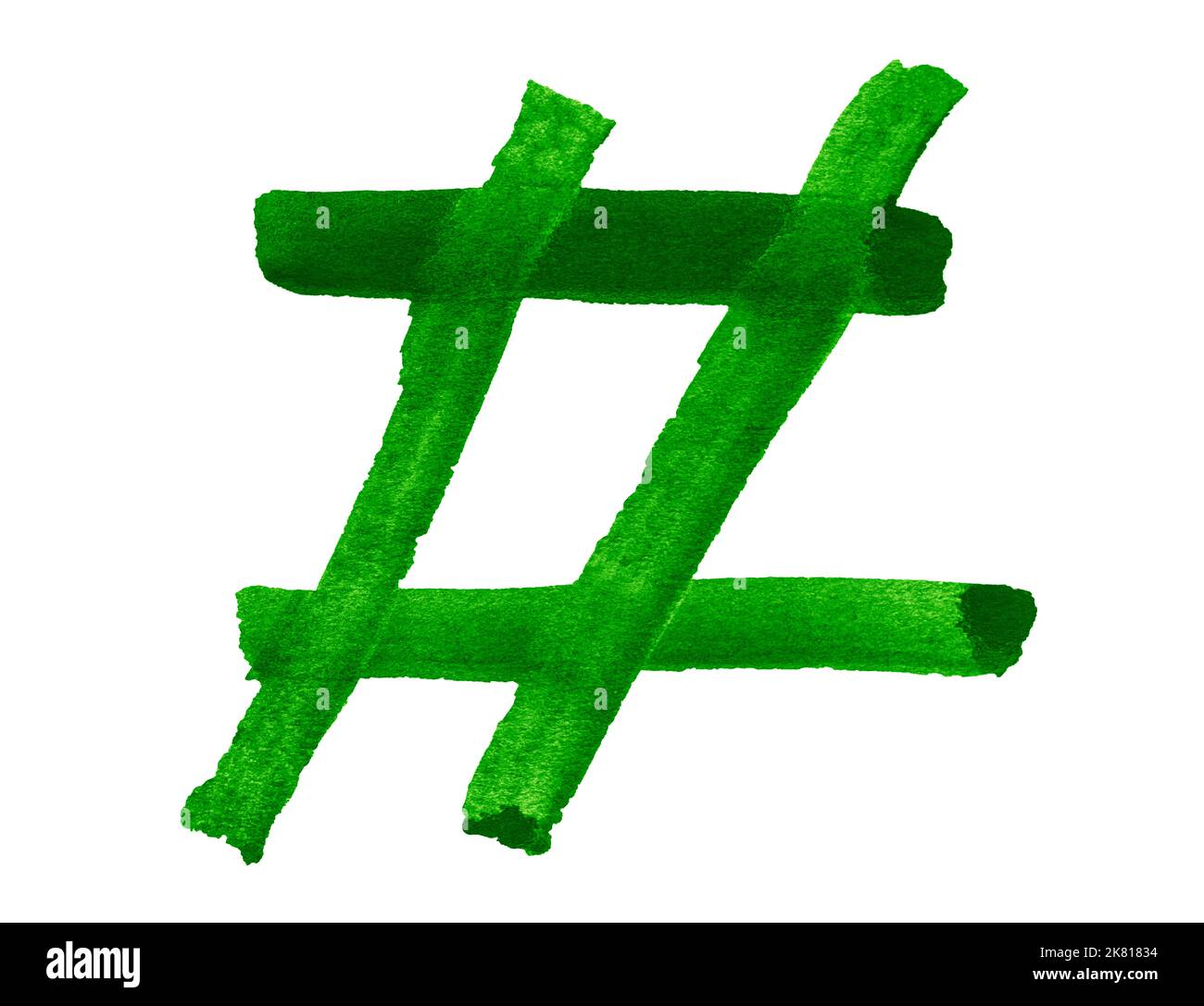 Hashtag-Symbol, scharf, Hash, in grünem Aquarell gezeichnet. Stockfoto
