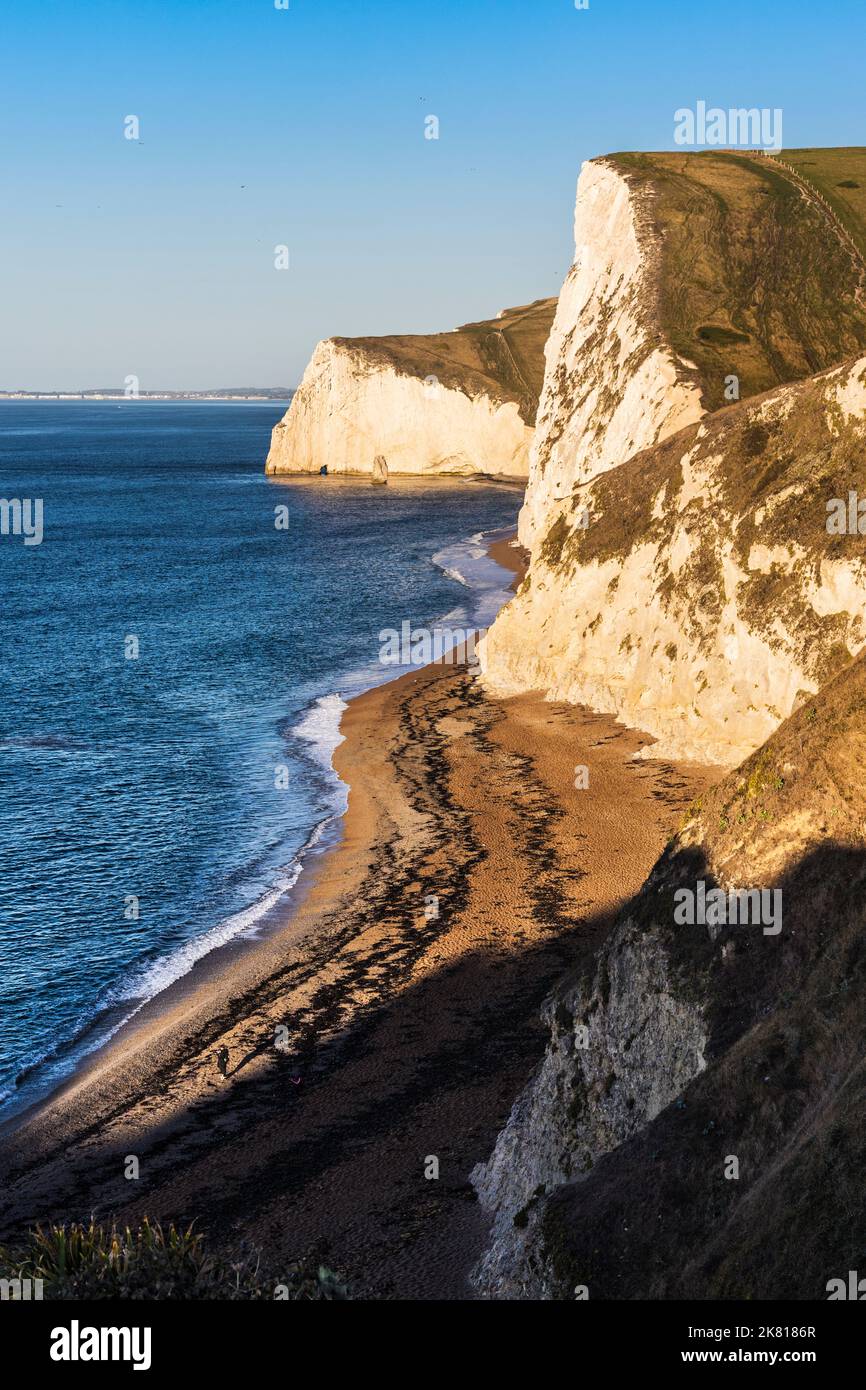 Blick auf den man O'war Beach in Dorset mit Blick nach Westen bei Sonnenaufgang. Stockfoto