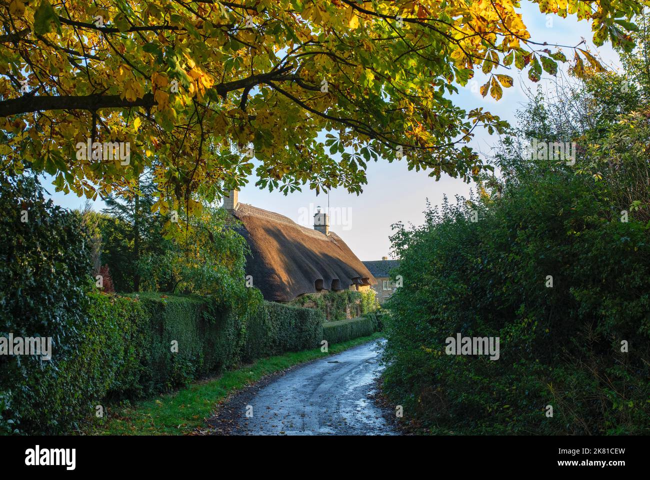 Reethütte im Herbst. Great Tew, Cotswolds, Oxfordshire, England Stockfoto