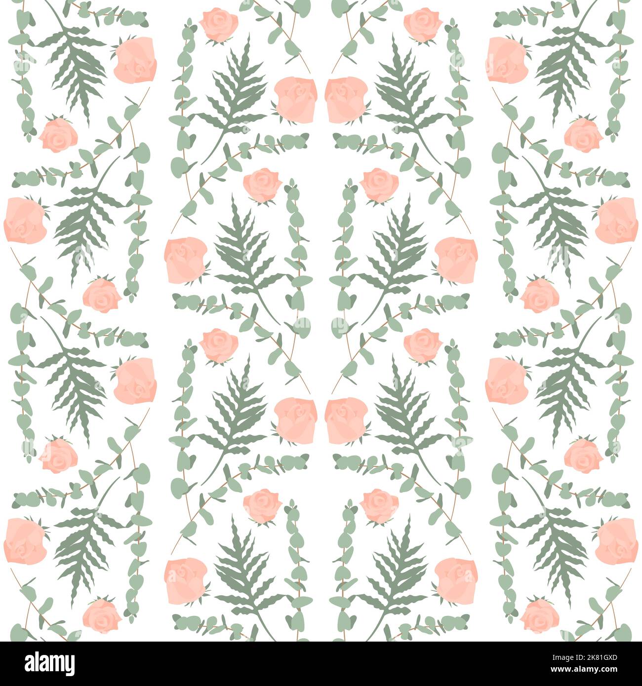 Nahtloses Boho-Muster mit Eukalyptus, Rosenblüten und Palmblättern Stock Vektor