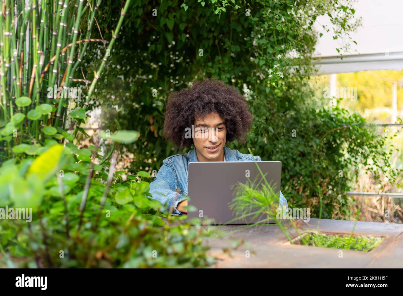 Lächelnder junger ethnischer Typ, 20 Jahre alt, in legerer Kleidung gekleidet, arbeitet auf einem Laptop im Freien, in einer grünen Gegend in der Natur. Grüner Freiraum für Stockfoto
