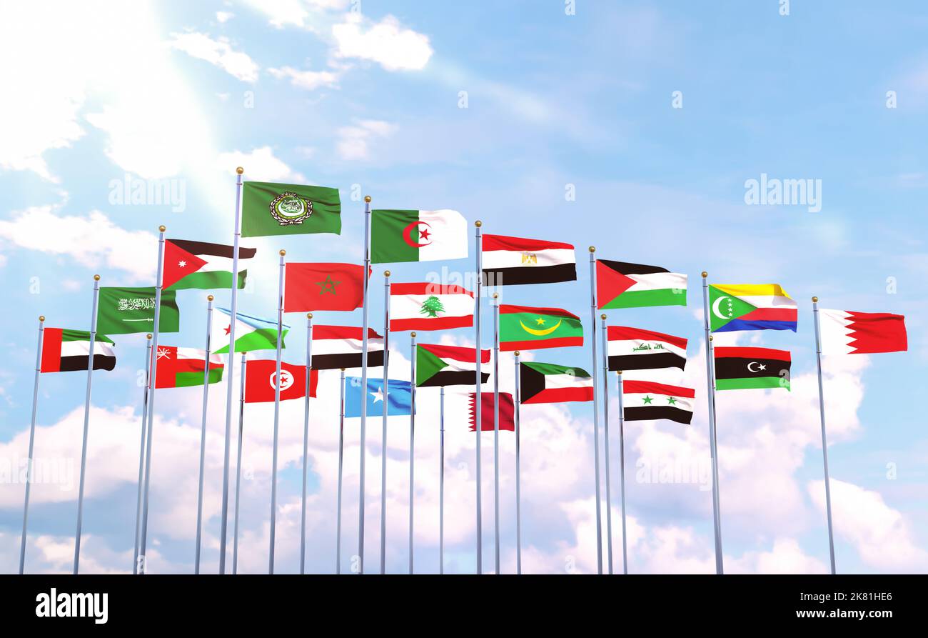 Liga der Arabischen Staaten, die Flaggen der 22 arabischen Länder kräuseln am Himmel mit der Flagge der Liga der Arabischen Staaten Stockfoto
