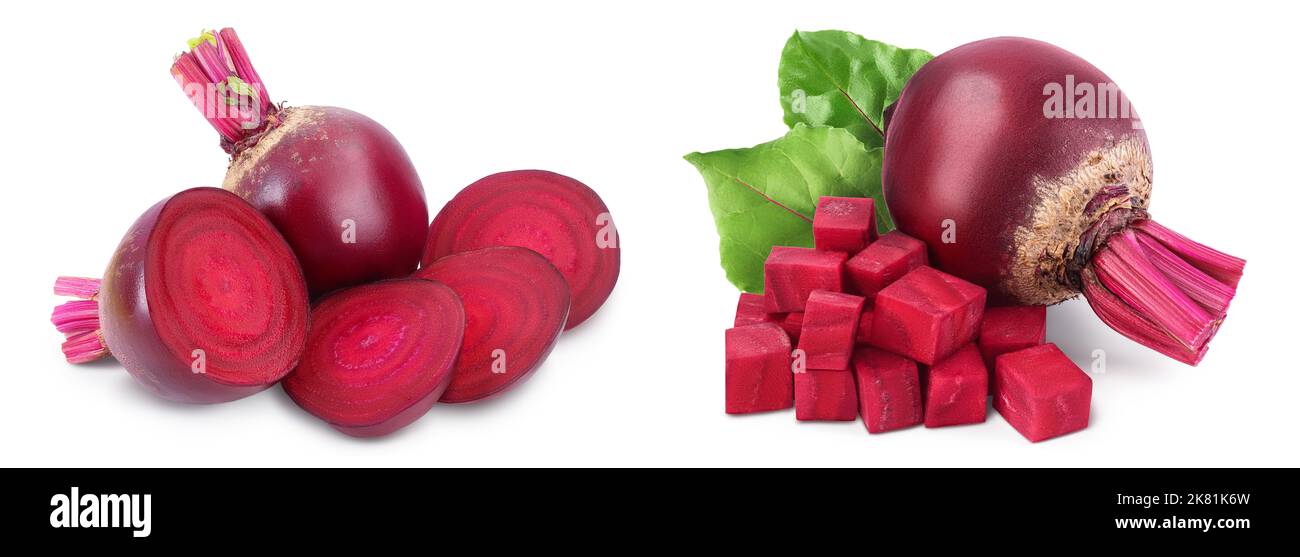 Rote Bete mit einer Hälfte und einer Scheibe isoliert auf weißem Hintergrund und voller Schärfentiefe Stockfoto