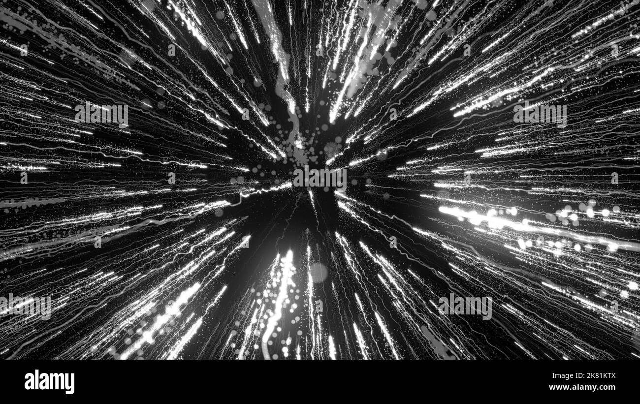 3D die Wiedergabe heller Teilchen füllt den Raum mit Energie- und Lichtstrahlen. Glänzender abstrakter Hintergrund für helle Dekoration Stockfoto