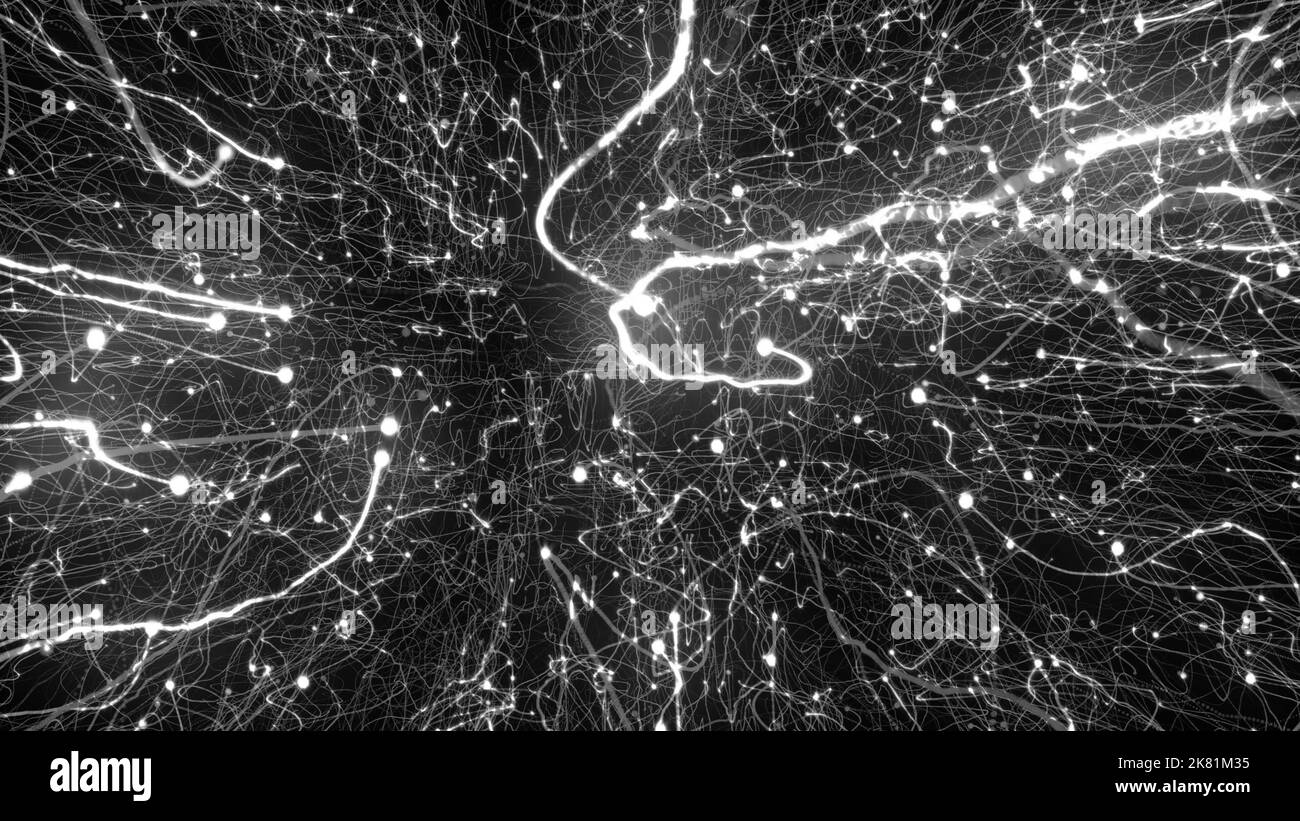 3D die Wiedergabe heller Teilchen füllt den Raum mit Energie- und Lichtstrahlen. Glänzender abstrakter Hintergrund für helle Dekoration Stockfoto