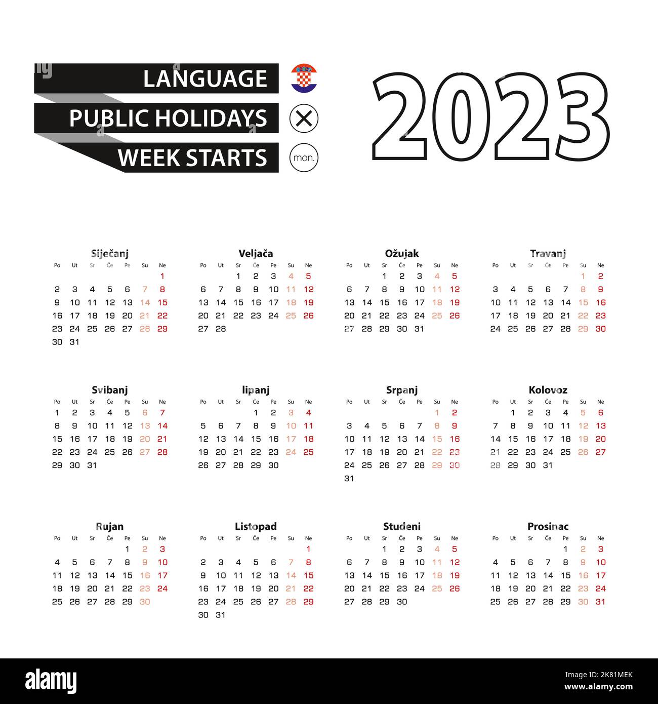 Kalender 2023 in kroatischer Sprache, die Woche beginnt am Montag. Vector Kalender 2023 Jahr. Stock Vektor