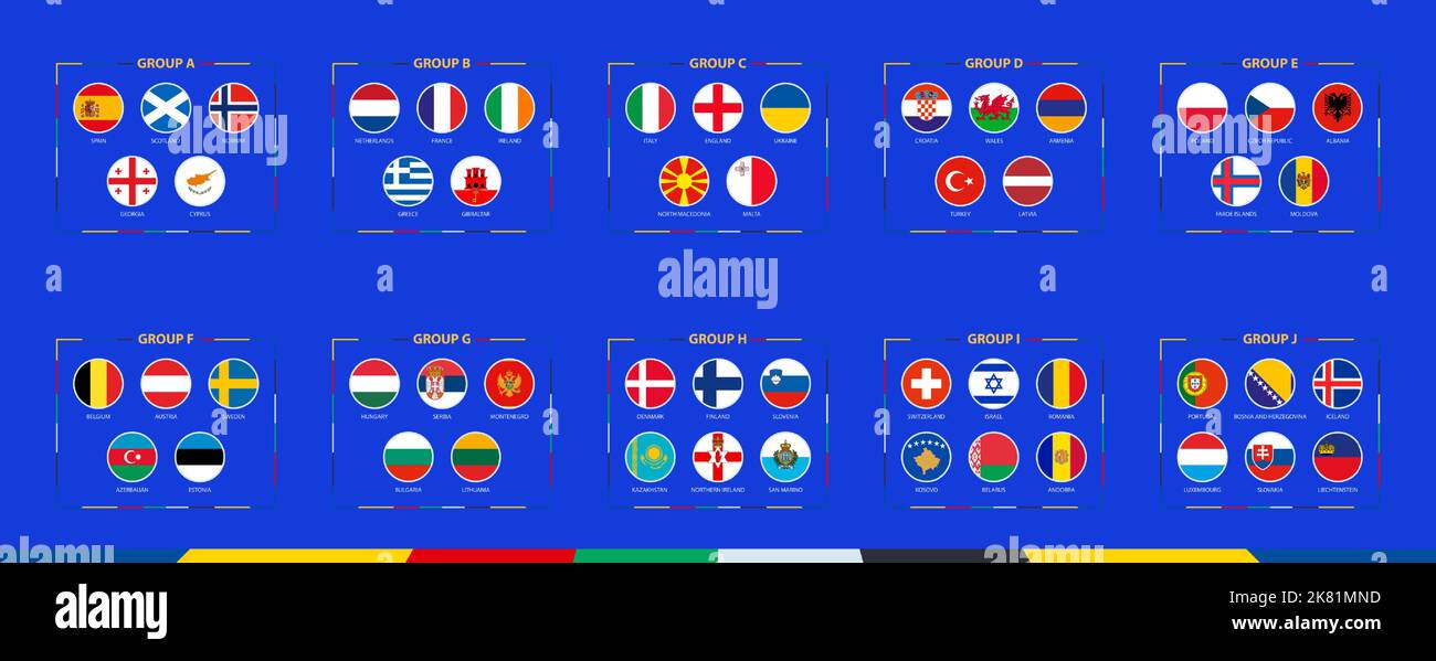Flaggen der Qualifikation des europäischen Fußballturniers 2024 sortiert nach Gruppe. Vektorgrafik. Stock Vektor