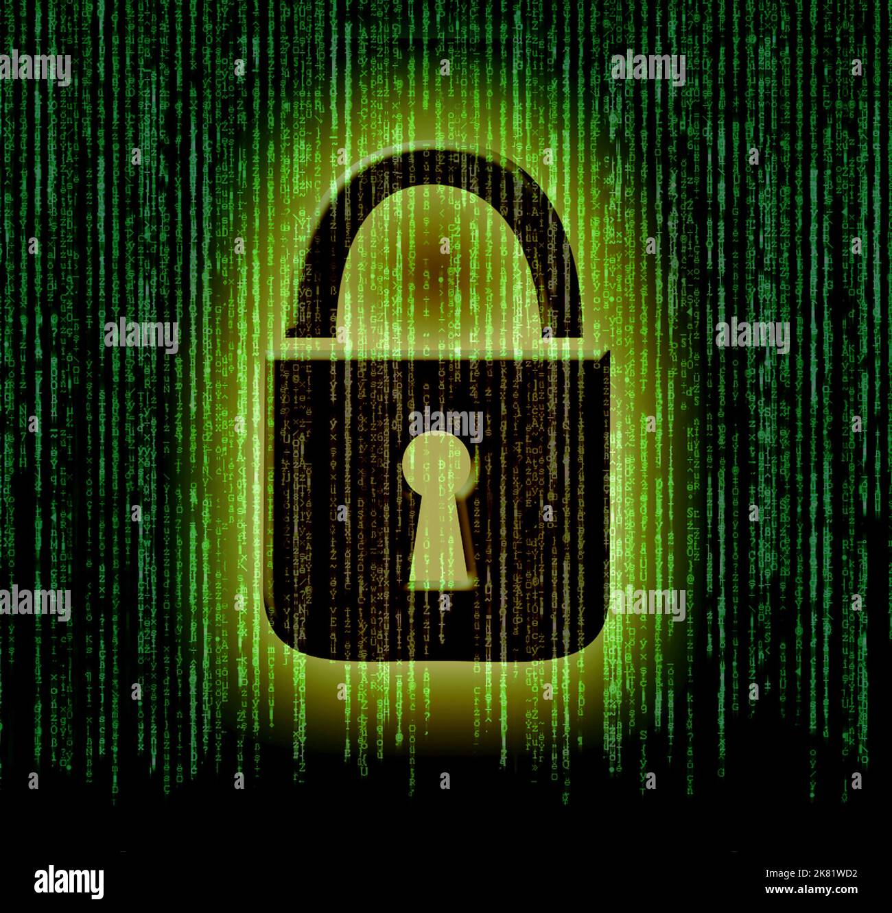 Symbol für Internetsicherheit mit binärem Zeichen und Vorhängeschloss Stockfoto