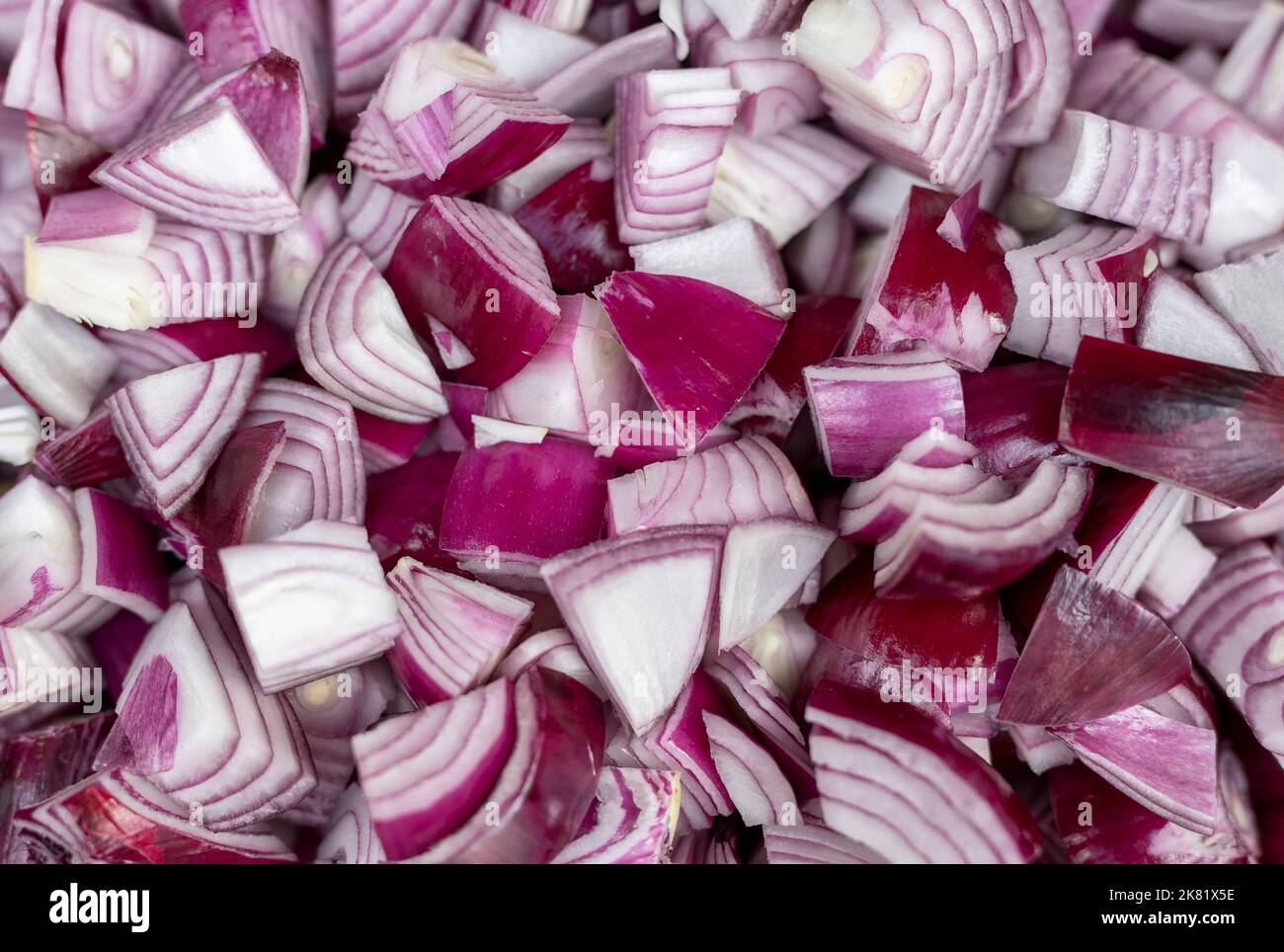Haufen gehackte lila spanische Zwiebel Stockfoto