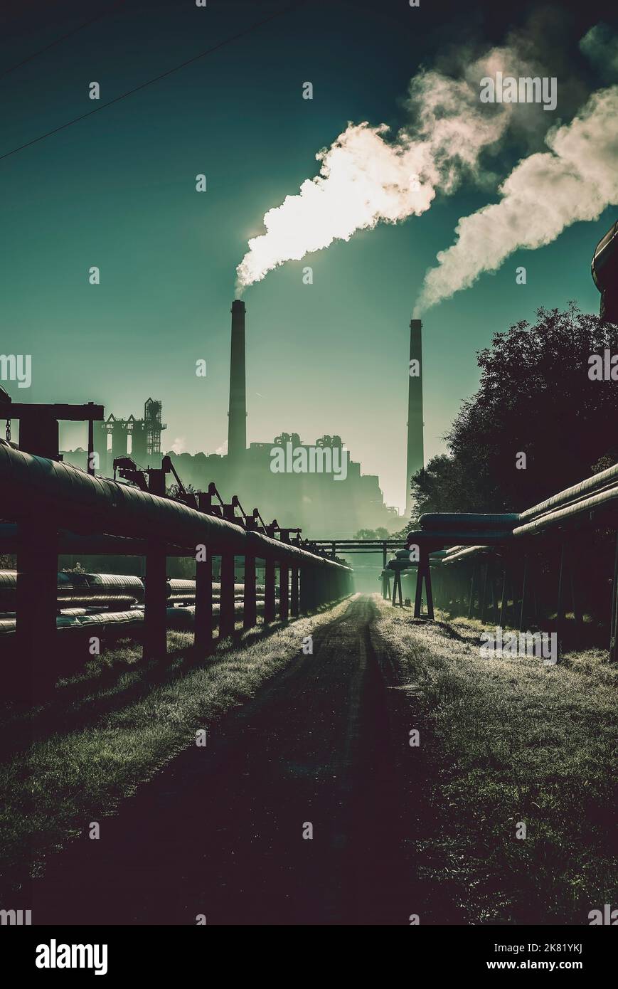 Kraftwerk mit Fernwärmerohren bei Sonnenaufgang Stockfoto