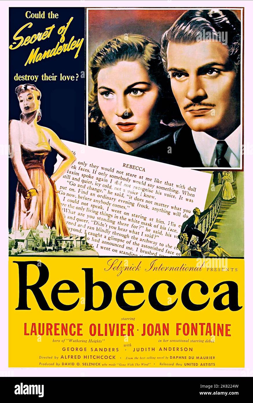 Joan Fontaine & Laurence Olivier Poster Film: Rebecca (1940) Charaktere: Die zweite Frau de Winter, George Fortescue Maximilian 'Maxim' de Winter Regie: Alfred Hitchcock 27 March 1940 **WARNUNG** Dieses Foto ist nur für den redaktionellen Gebrauch bestimmt und unterliegt dem Copyright von UNITED ARTISTS und/oder The Photographer, die von der Film oder Production Company beauftragt wurden.Es kann nur von Publikationen im Zusammenhang mit der Bewerbung des oben genannten Films reproduziert werden. Eine obligatorische Gutschrift für UNITED ARTISTS ist erforderlich. Der Fotograf sollte auch bei Bekanntwerden des Fotos gutgeschrieben werden. Ohne schriftliche Genehmigung kann keine kommerzielle Nutzung gewährt werden Stockfoto