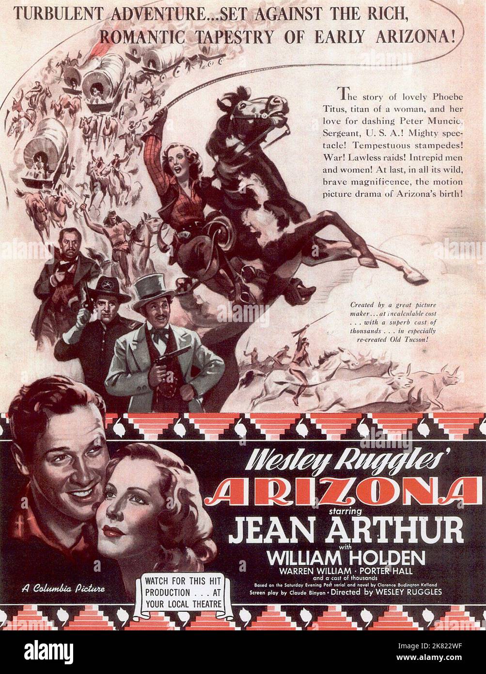 Film Poster Film Arizona (USA 1940) Regie: Wesley Ruggles 15. November 1940 **WARNUNG** dieses Foto ist nur für redaktionelle Zwecke bestimmt und unterliegt dem Copyright von COLUMBIA und/oder dem von der Film oder Production Company beauftragten Fotografen und darf nur durch Veröffentlichungen in Verbindung mit der Werbung für den oben genannten Film reproduziert werden. Eine obligatorische Gutschrift für COLUMBIA ist erforderlich. Der Fotograf sollte ebenfalls angerechnet werden, wenn er bekannt ist. Ohne schriftliche Genehmigung der Film Company kann keine kommerzielle Nutzung gewährt werden. Stockfoto