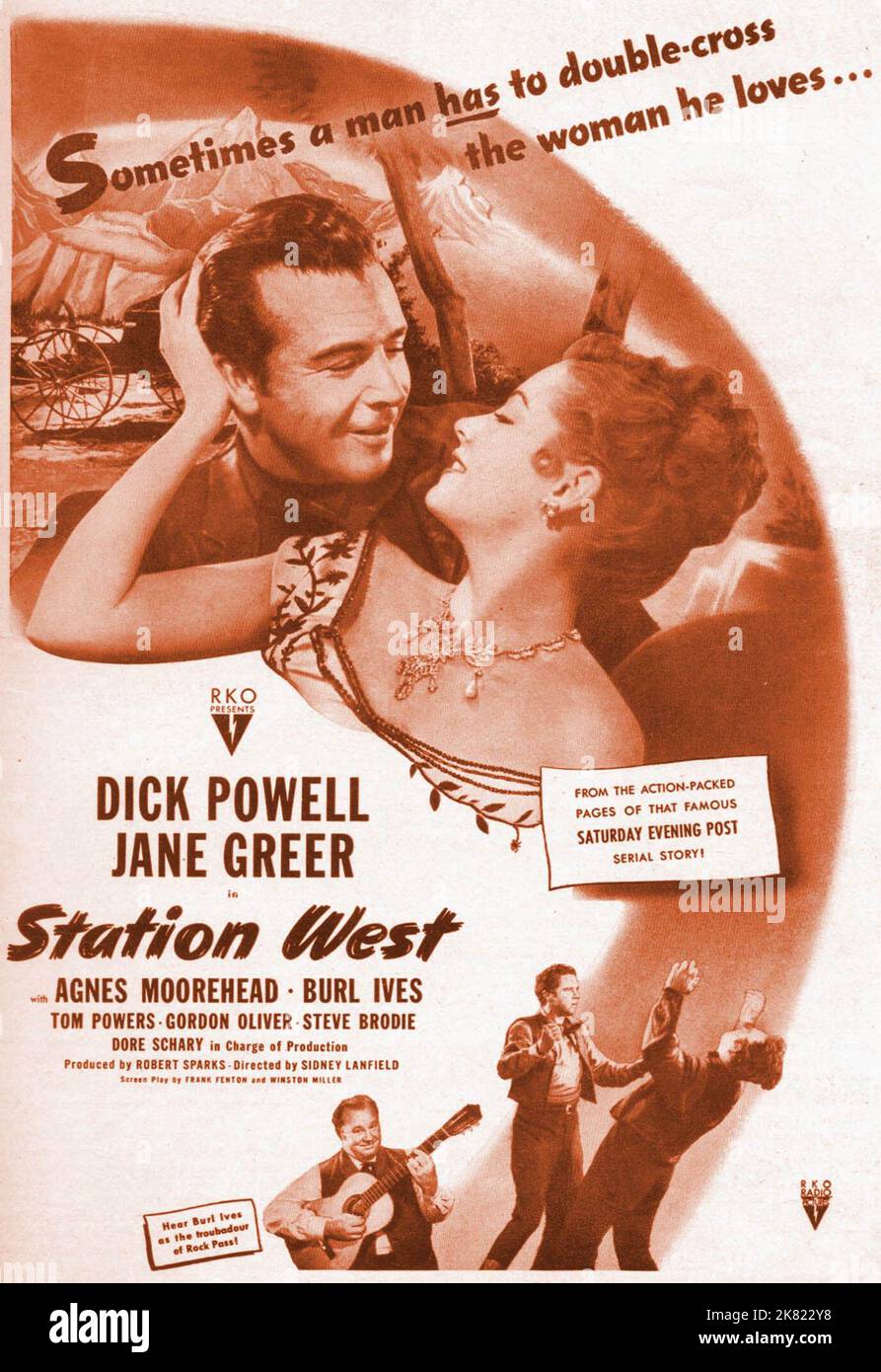 Film Poster Film Station West (1943) Regie: Sidney Lanfield 01 September 1948 **WARNUNG** dieses Foto ist nur für redaktionelle Zwecke bestimmt und unterliegt dem Copyright von RKO und/oder dem von der Film oder Production Company beauftragten Fotografen und kann nur durch Veröffentlichungen in Verbindung mit der Werbung für den oben genannten Film reproduziert werden. Eine obligatorische Gutschrift an RKO ist erforderlich. Der Fotograf sollte ebenfalls angerechnet werden, wenn er bekannt ist. Ohne schriftliche Genehmigung der Film Company kann keine kommerzielle Nutzung gewährt werden. Stockfoto