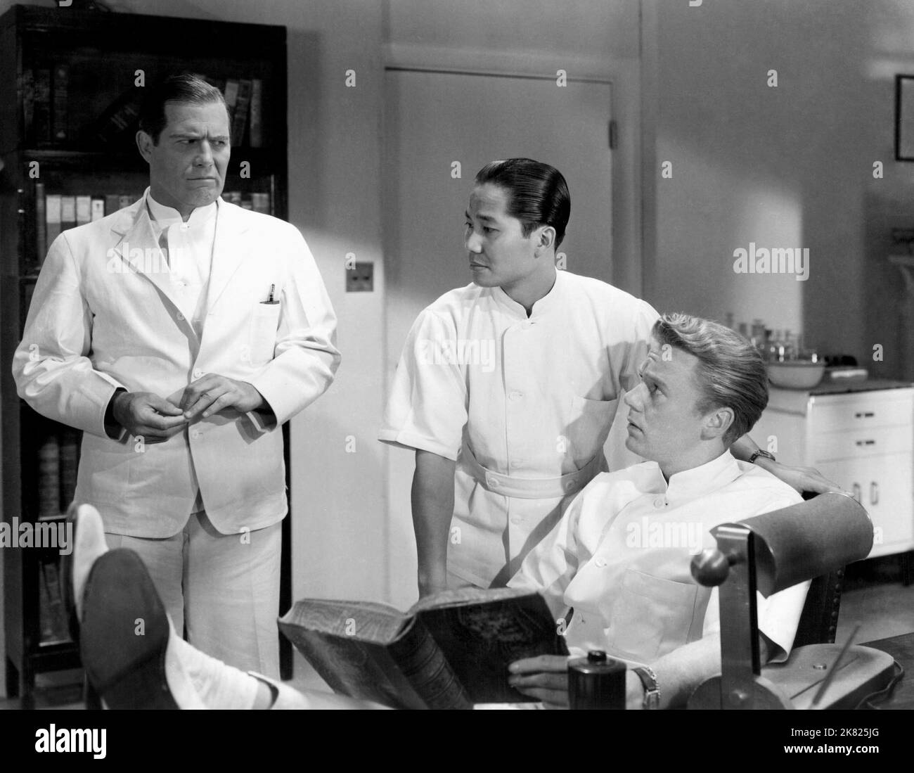 NAT Pendleton, Keye Luke & Van Johnson Film: Dr. Gillespie'S New Assistant (1942) Charaktere: Joe Weyman, Dr. Lee Wong How, Dr. Randall 'Red' Adams Regie: Willis Goldbeck 08 May 1942 **WARNUNG** Dieses Foto ist nur für redaktionelle Zwecke bestimmt und unterliegt dem Copyright von MGM und/oder dem Fotografen, der von der Film- oder Produktionsfirma beauftragt wurde, und kann nur von Publikationen im Zusammenhang mit der Bewerbung des oben genannten Films reproduziert werden. Eine obligatorische Gutschrift an MGM ist erforderlich. Der Fotograf sollte auch bei Bekanntwerden des Fotos gutgeschrieben werden. Ohne schriftliche Genehmigung des Films C kann keine kommerzielle Nutzung gewährt werden Stockfoto