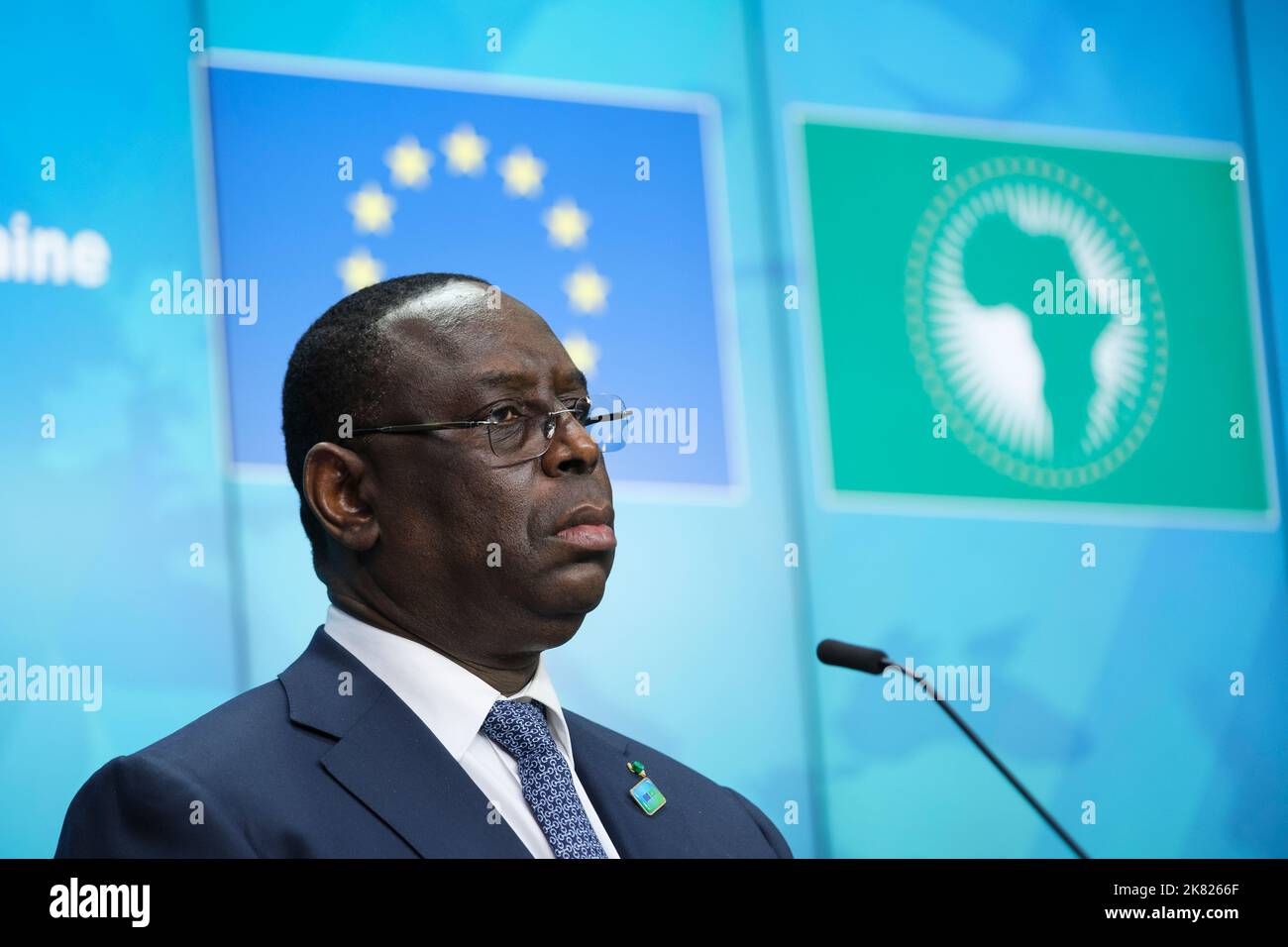Belgien, Brüssel, am 17. Februar 2022: präsident von Senegal Macky Sall nimmt an der Pressekonferenz des Gipfeltreffens der Europäischen Union und der Afrikanischen Union Teil. EU Stockfoto
